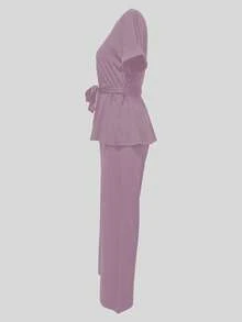 Elegancki jednolity kolor, wiązany z przodu top z krótkim rękawem i szerokimi nogawkami z wysokim stanem, 2-częściowy, swobodny garnitur dla kobiet, wiosna/lato - Fioletowy - Zobacz 4
