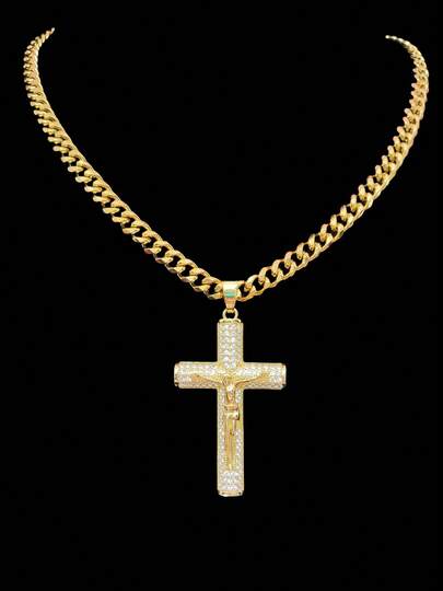 1 pieza Colgante de cruz y Jesús de circonita cúbica con 1 pieza de cadena de acero inoxidable rizada de 7mm, collar de colgante de moda hiphop vintage para hombres, adecuado para uso diario o fiesta, regalo para el amor