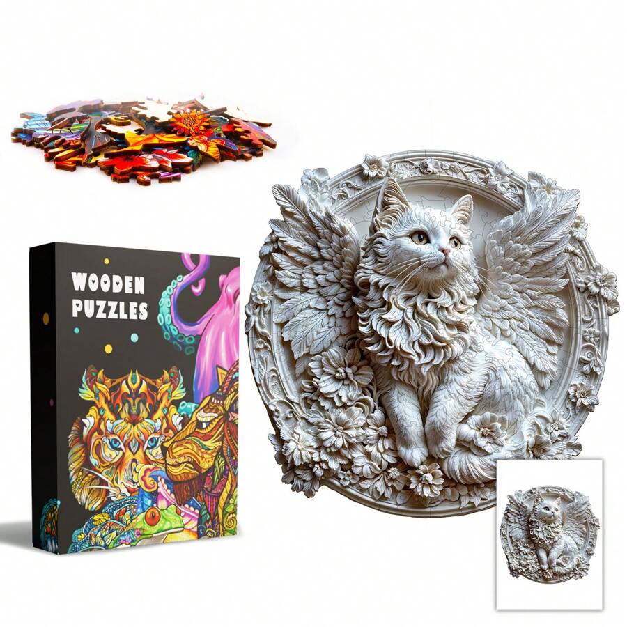 Rompecabezas de madera asimétrico en forma de gato ángel, juguete de rompecabezas único para fiestas, decoración artística, rompecabezas mágico de escritorio, juguete educativo para niños, regalo para el Día de la Madre/Padre, regalo de graduación