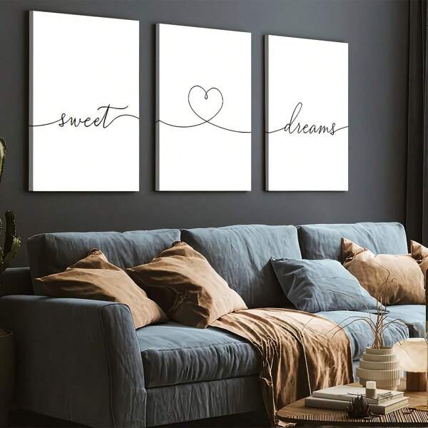 2D Flat, 3pcs 2D/Flat Print, Framed Canvas Painting And Poster, Ready To Hanging, Minimalist Fashion Quotes - Sweet Dreams, Home Decor, Wall Art, Room Decor, Printing, Holiday Gift, Living Room, Bedroom, Dining Room, Office Decoration Hanging Picture, 2D Flat