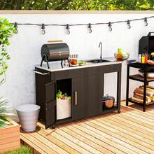 Outdoor Grill Table Grill Cart With Folding Side Table, Steel Sink - 棕色 - 查看 1