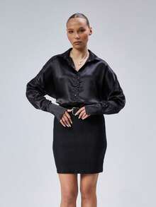 Women's White Solid Satin Button-Up Long Sleeve Shirt - Black - View 3