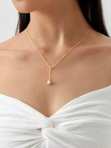 1 colar feminino em formato de Y com pérolas naturais banhadas a ouro 18K para primavera/verão