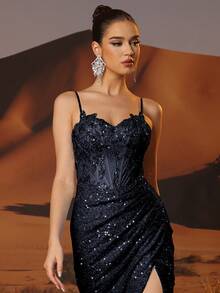 Liliowa, błyszcząca koronkowa suknia wieczorowa w stylu syreny z wysokim rozcięciem, luksusowa, cekinowa suknia na bal maturalny, elegancka - Granatowy - Zobacz 9