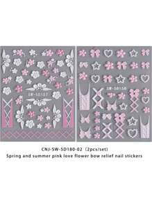 2 Pieces Of Spring And Summer Valentine's Day Pink Love Flower Bow Nail Art Stickers - Pink, White French Sweet Love, Flower And Bow Art Design, 5d Relief Craft, Suitable For Women's Disposable Self-Adhesive Back Adhesive Nail Stickers, Summer Valentine's Day Sweet Style Heart Flower Theme Style, Easy To Stick Nail Decoration Stickers