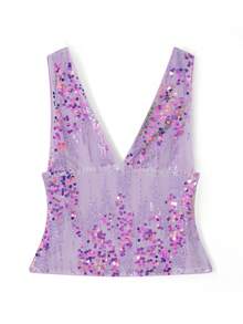 Women Y2k Sequin Tank Tops Sparkly Deep V Neck Sleeveless Backless Crop Cami Tops Slim Fit Vest Shirt Going Out Tops Casual Summer Club Party Streetwear Aesthetic Clothes - Màu tím - Xem 6