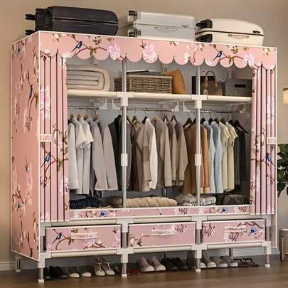 Portable Heavy Duty Wardrobe Closet 1.5m Wide, 3-Drawer Dustproof Storage Organizer With Galvanized Steel Frame, Space Saving Clothes Cabinet For Bedroom/Apartment