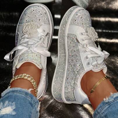 2025 Spring New Women's Rhinestone-Embellished White Sneakers - Sparkling Low-Top Lace-Up Casual Shoes With Synthetic Cover & Rubber Sole, All-Season Versatile Fashion Footwear, Ladies Sneakers, Casual Attire, Footwear, Comfortable Fit, Styleconscious Buyers