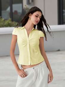 Women's Button Down Shirts Cap Sleeve Lapel Collar Tie Back Slim Fit Tops Summer Shirts