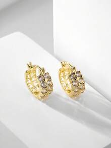 1 par de elegantes pendientes de doble hilera estilo Instagram con incrustaciones, pendientes minimalistas, modernos y versátiles de cobre. - Dorado - Ver 7