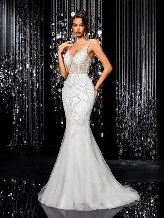White Gorgeous Beaded Mermaid Dress, Elegant V-Neck Sequined Wedding Gown, Bridal, Wedding Guest Dress