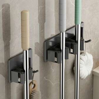 1pc Stainless Steel No-Drill Hanging Broom And Mop Holder Wall Mounted, Punch-Free Mop And Broom Hanger,Free Nail Free Adhesive Gift,Adhesive Wall Hook For Bathroom,Broom Holder, And Mop Clip,Mop Broom Storage Clips,Mop Broom Hooks,Mop Broom Racks,Heavy Duty Cleaning Tools Organizer For Bathroom Kitchen Laundry Room Garden Garage Closet