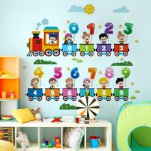 1pc Kids Room Arabic Number Animal & Letter Wall Sticker | Cartoon Locomotive Peel And Stick Wall Decal, Nursery School Decor