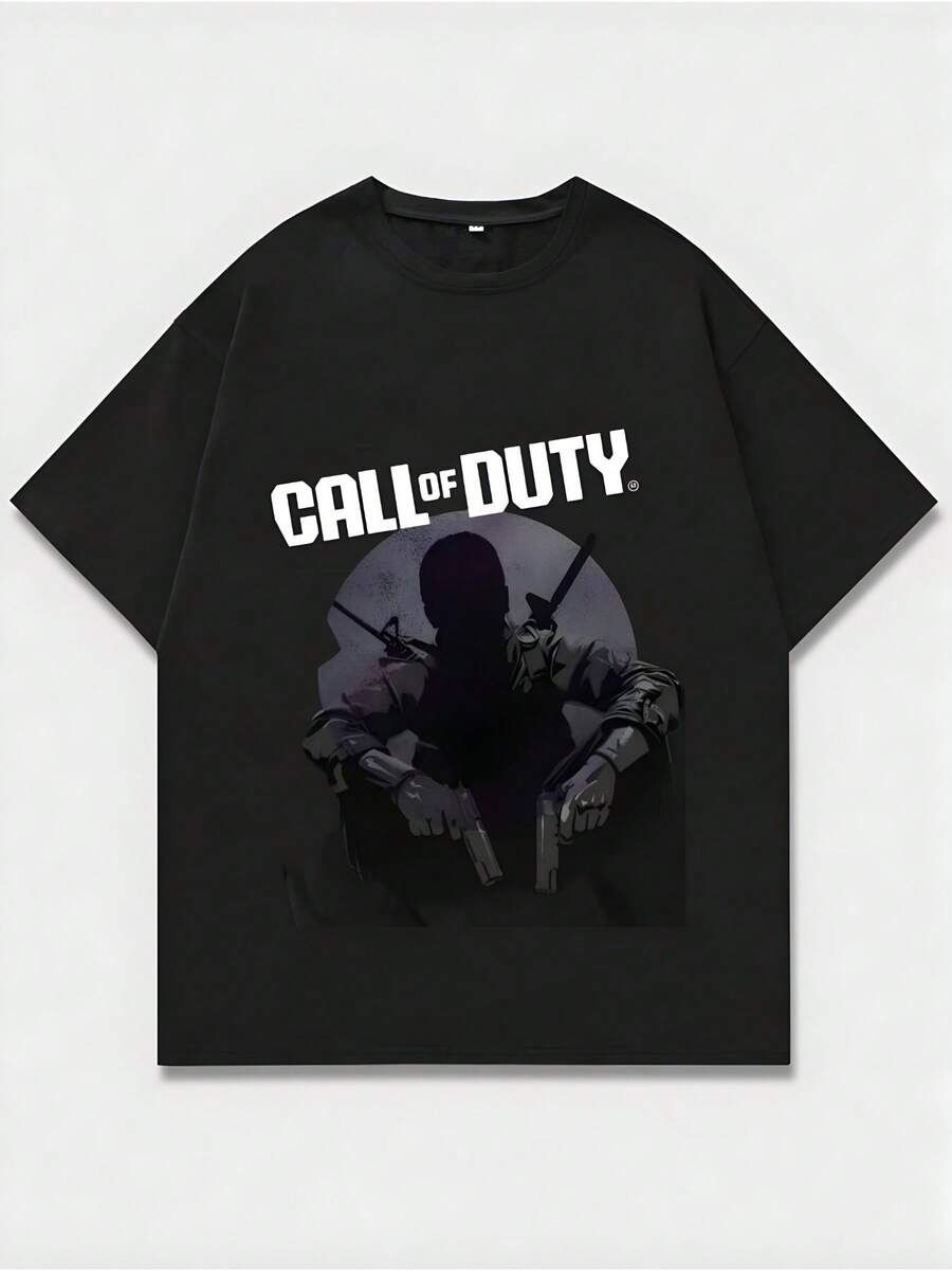 Camisa Oversize Negro con Motivo de "" y Silueta de Personaje,Camiseta casual de cuello redondo y manga corta con estampado,adecuada para uso diario en primavera y verano,unisex - Negro - Ver 1