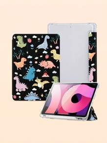 1pc Cute Dinosaur Pattern Tablet Protective Case, Black Background, Shockproof, With Pen Slot, Sleep/Wake Support, Compatible With Samsung, And IPad
