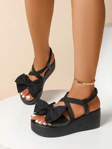 Women's Summer Sweet Bow Cross Elastic Wedge Sandals, Thick Sole, Polyurethane Lightweight Bottom, Versatile Elegant Style For Daily Wear And Vacation - Black - View 6