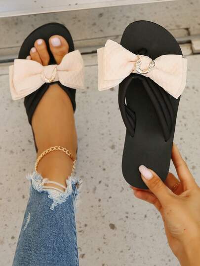 Bow Tie Flip Flops For Women, Summer Fashion Outdoor High Heel Slippers, New Non-Slip Thick Bottom Beach Sandals, Wedge Heel Vacation Travel Casual Daily Wear