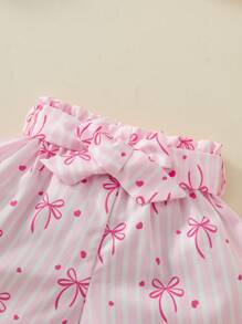 Girls Spring/Summer 3pcs Set: Cold Shoulder Strap Solid Color Top + Butterfly Print Shorts + Belt