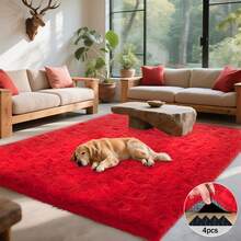 Shaggy Area Rug For Living Room, Plush Fuzzy Rug For Bedroom, Large Red Shaggy Soft Indoor Throw Carpet, Modern Home Decor Aesthetic, Non-Slip Base, Great Gift For Mother's Day, Housewarming & Easter, Dry Clean Only, With 4 Carpet Stickers - 紅色 - 查看 2
