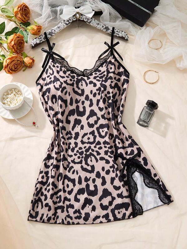 1pc Women Sexy Leopard Print Color Block Butterfly Lace Trim Split Hem Spaghetti Strap Nightgown