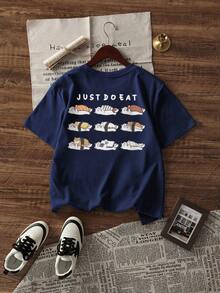 新款夏季日式寿司印花复古女式宽松简约短袖T恤 - 藏藍 - 查看 1