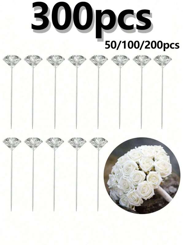 300/50pcs Diamond Shaped Corsage Pins, Fixation Pins, Sewing Pins, Suitable For DIY Crafts, Weddings, Anniversaries, Bridal Bouquets, Breast Flower Decor, Wedding Bouquets, Transparent Flower Pins, Wedding Decoration, Christmas Decor