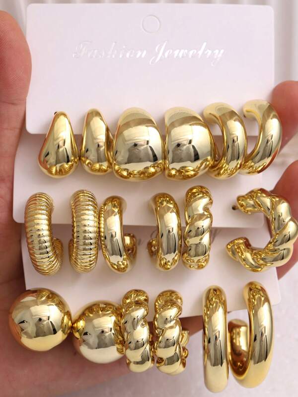 6-18pcs/Set Luxury Gold Chunky Twist C-Shape Teardrop Earring Set, Suitable For Women Fashion Metal Geometric Round Earrings, Oversized Creative Vintage Circle Earring Set