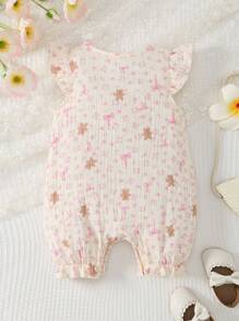 Mono de manga corta con estampado floral y lazo para recién nacida - Mameluco de bebé niña, mono de verano suave y cómodo