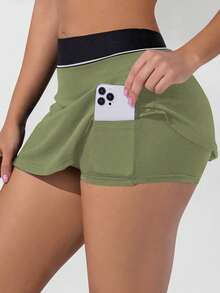 Women's High Waist Skort With Pockets And Contrast Trim - Mint Green - View 4