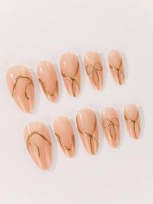 24 szt. Krótkie migdałowe zdobienie paznokci French Nude Apricot Golden Line Bow Press On Fake Nails Set