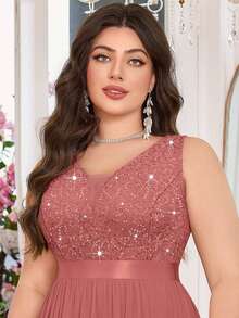 大码深V领亮片花卉蕾丝雪纺无袖正式派对连衣裙 夏季优雅 - 藕粉色 - 查看 11