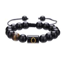 1pc Natural Black Agate 26 Letter Beaded Adjustable Braided Bracelet, Suitable For Various Occasions Like Festivals, Sports, Casual, Business Wear