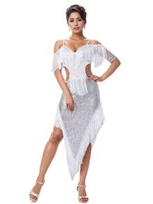 亮片流苏拉丁舞裙，闪亮网纱舞裙，闪亮派对礼服