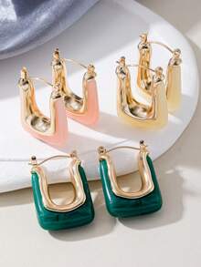 3 对简约金属合金几何方形环状耳环，适合女士，适合节日礼物和日常佩戴