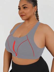 Plus Size Front Zipper Sports Bra, High-Impact Contrast Color Yoga Bra - Grey - View 5