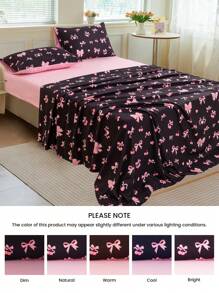 3/4 pièces Ensemble de draps imprimés avec nœuds roses, avec taies d'oreiller, sensation légère comme un nuage, résistant aux plis et au rétrécissement, comprenant 1 drap plat + 1 drap-housse + 1/2 taie d'oreiller, drap de lit avec poche profonde, doux et respirant, pour tous les lits - twin, double, grand, reine. Ensemble de literie d'été de luxe, literie pour l'école