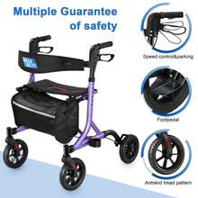 WALK MATE Rollator Walker For Seniors With Cup Holder, Upgraded Thumb Press Button For Height Adjustment, 4 X 8" Wheels Walker With Seat Padded Backrest Folding Lightweight Walking Aid - 紫色 - 查看 7