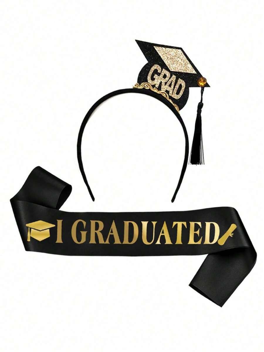 2pcs-Class Of 2025 Graduation Shoulder Strap & 'grad' Headband Set, Party Decoration,Graduation Headband And Shoulder Straps For Congrats Grad Party Supplies Bachelor Cap Headband With Doctoral Hat Black Sash Satin Tassels Tiaras For Graduation Party Dress Up Favor Photo,Holiday Festival Carnival Dress Up Party Supplies