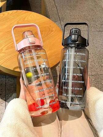 1pc 2L Large Capacity Pink PC Water Bottle, Sports And Fitness Portable Straw Cup, Suitable For Home And Outdoor Travel