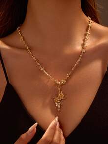 1pc Vintage Luxury Women's Rose Cross Pendant Necklace With Inlaid Colorful Cubic Zirconia, High-End Jewelry, Wedding Anniversary Gift, Suitable For Formal Events, Comes In Velvet Pouch Packaging - Gold - View 2