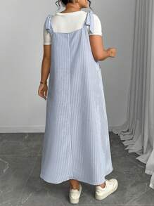 Plus Size Women Striped Dual Pocket Casual Loose Strap Dress Maxi Women Outfit