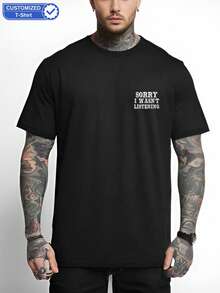 个性化定制文字男士 T 恤，输入您的文字/祝福/信息，黑色 T 恤，节日礼物，情人节/生日/周年纪念定制文字，团队建设制服，音乐节，送给他的礼物，派对服装，春夏男士黑色圆领短袖 T 恤，送给他的礼物，情人节礼物 - 黑色 - 查看 2