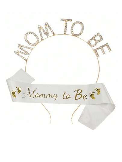 Blivande mamma med strasskrona och blivande mammas fotavtryck i axelband, för könsavslöjande fest, babyshowerfest, present till blivande mammor, babyshowerpresenter och dekorationer