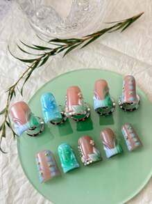 10 Unidades de Unhas Feitas à Mão, Estilo Europeu Americano de Unhas Curtas com Bico de Pato, Design de Flor em Relevo 3D Pintada à Mão, Incrustação de Diamantes, Unhas Luxuosas Feitas à Mão, Estilo Y2k Baddie, Feitas Artesanalmente por Mulheres e Meninas, Com Uma Peça de Gel e Uma Lixa Anexada.