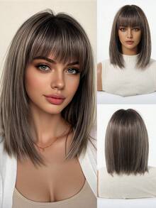 14英寸渐变棕黑金假发，女士短直波波头刘海造型，耐热合成纤维假发，时尚百搭，适合女性和女孩日常佩戴、派对、角色扮演、摄影等场合。