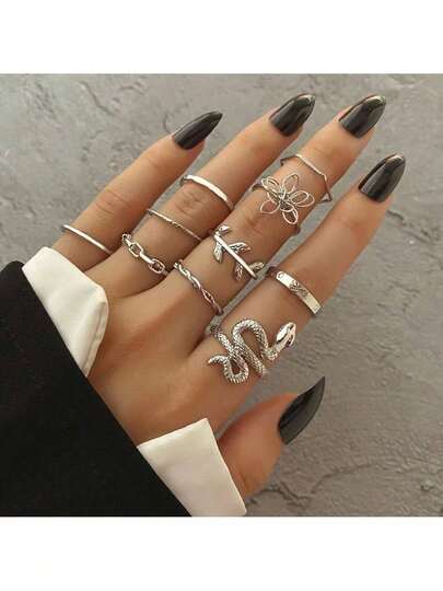 Conjunto de 10 peças de Anel de Girassol em Forma de Cobra Fashion Leaf Twist