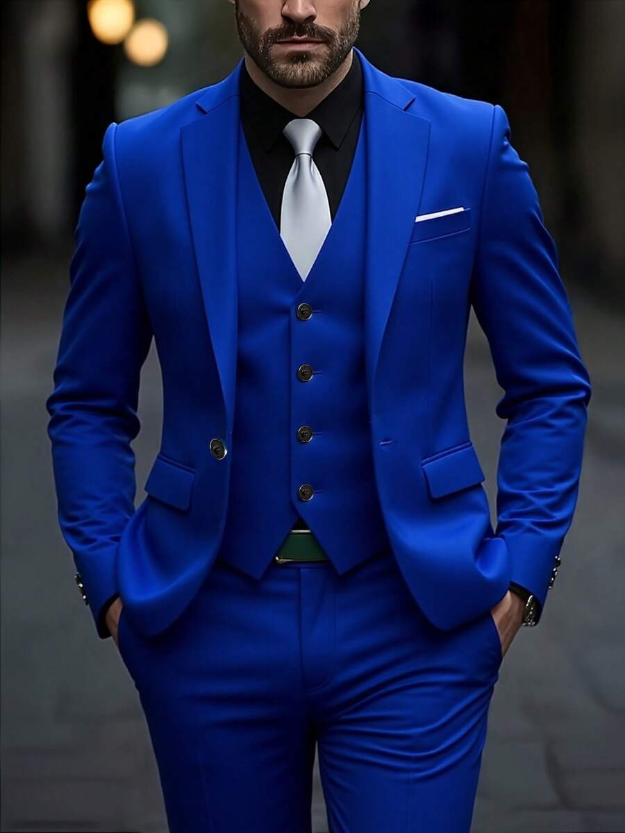 SuitGent 男士时尚商务西装，高品质正式办公西装，修身新郎婚礼礼服，男士西装外套 - 寶藍色 - 查看 1