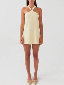 Y2k Women Graduation Halter Mini Dress Tie Up Backless Sleeveless Bodycon Cami Short Dresses Aesthetic Summer - Màu vàng - Xem 5