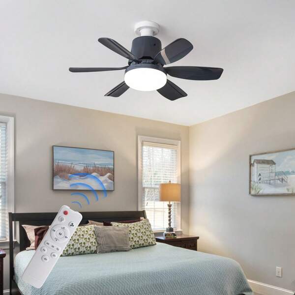 Ventilador de techo LED moderno de montaje semi-empotrado con control remoto inteligente de 18.5 pulgadas, temperatura de color 3000K-6500K, ventilador de techo de 6 aspas silencioso, velocidad de viento ajustable, adecuado para comedor, cocina, dormitorio, garaje, estudio