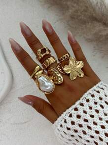6pcs/7pcs Set Vintage Geometric Flower Embellished Ringed Jewelry Set, Luxury Casual Everyday Rings For Women, Couples, Holidays, Birthdays, Versatile Accessory Gift